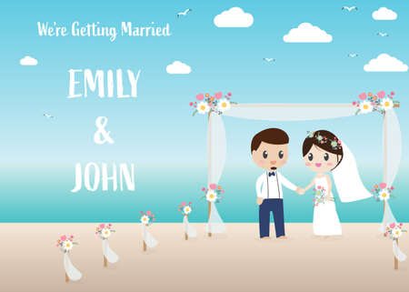 wedding couple on beach invitation card eps10 vector illustration with bleedのイラスト素材