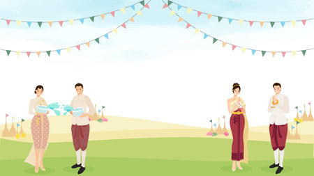 happy Thai couple enjoy Songkran water festival with copy space eps10 vectors illustrationのイラスト素材