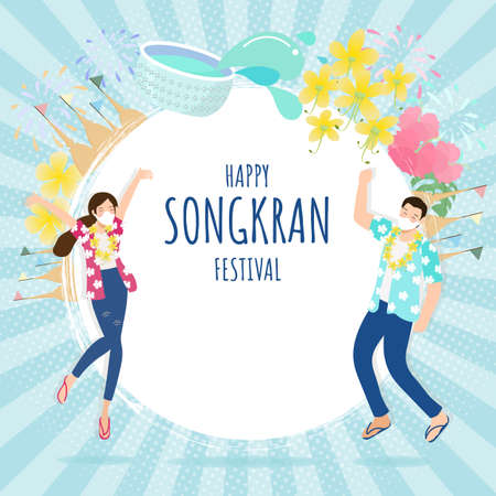 happy Thai couple wear face mask enjoy Songkran water festival square banner eps10 vectors illustrationのイラスト素材