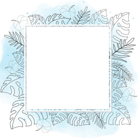 hand drawn summer tropical flower botanical doodle line frame on watercolor backgroundのイラスト素材