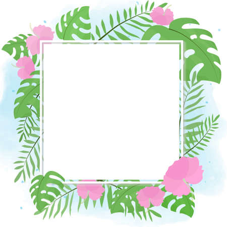hand drawn summer tropical flower botanical flat style frame on watercolor backgroundのイラスト素材