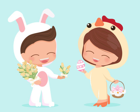 cute happy flat style young couple in Easter bunny and chick costume  vectors illustration