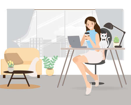 happy young woman working from home with pet cat and french bulldog puppy to avoid corona virus  vectors illustrationのイラスト素材
