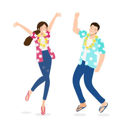happy Thai couple enjoy Songkran festival water on white background isolated  vectors illustrationのイラスト素材