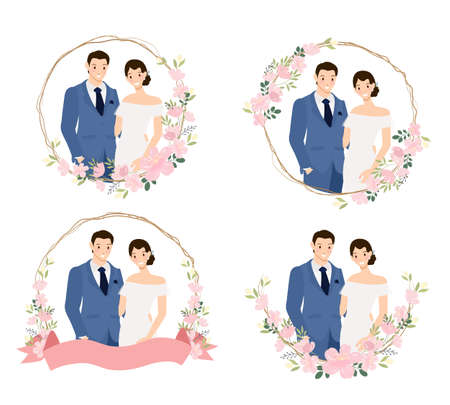 cute young wedding couple in blue suit in cherry blossom wreath flat style collection eps10 vectos illustrationのイラスト素材
