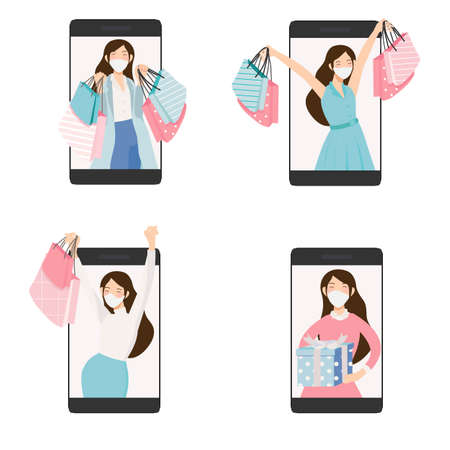 happy young woman wear face mask use mobile phone for online shopping collection isolated on white background isolatedのイラスト素材
