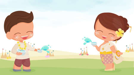 happy young Thai couple enjoy Songkran water festival with copy space  vectors illustrationのイラスト素材