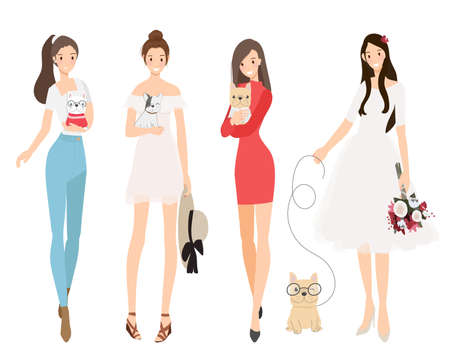 beautiful women holding french bulldog puppy character collectionのイラスト素材