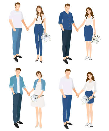 wedding couple in casual jeans costume holding hands collection  vectors illustrationのイラスト素材