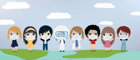 young people of the world wear mask for protection against corona virus covid-19 pandemicのイラスト素材