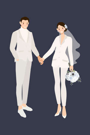 hipster wedding couple in suit pants holding hands invitation layoutのイラスト素材