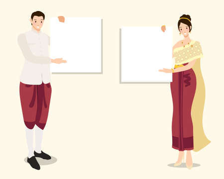 Thai traditional couple in red dress holding empty blank white board for text eps10 vectors illustrationのイラスト素材