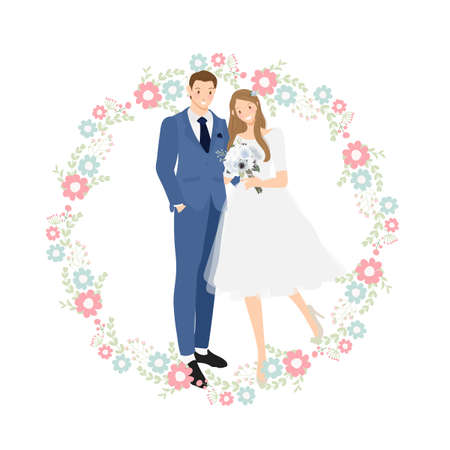 cute young wedding couple in blue suit with flower wreath eps10 vecters illustrationのイラスト素材