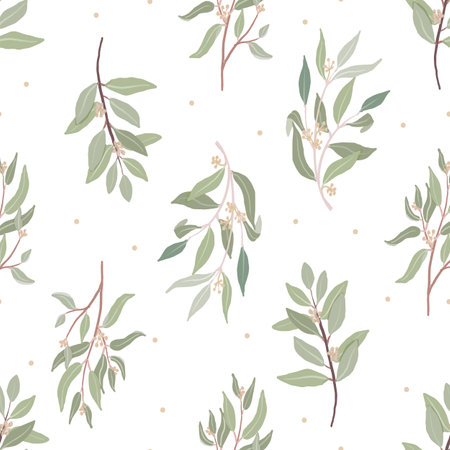 beautiful minimal hand drawn organic seeded eucalyptus leaves seamless patternのイラスト素材