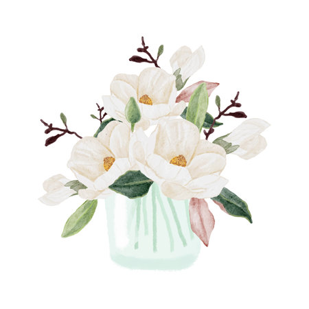 watercolor white magnolia blooming flower branch bouquet in glass vase clipartのイラスト素材