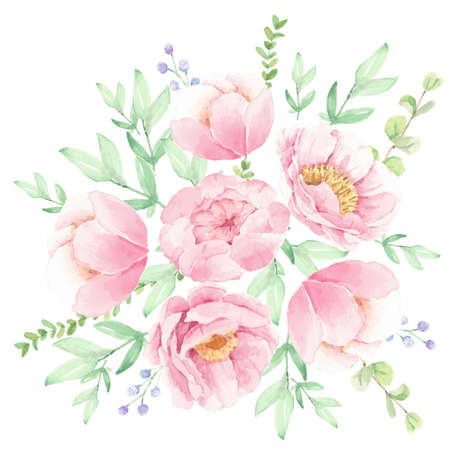 watercolor pink peony flower bouquet arrangementのイラスト素材