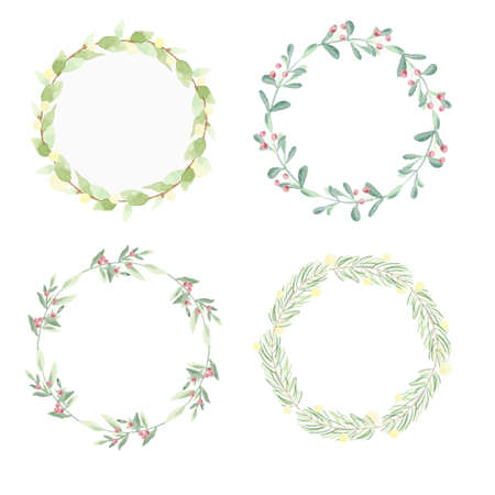 minimal Christmas watercolor leaf wreath frame collectionのイラスト素材