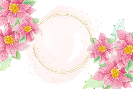 watercolor Christmas poinsettia flower bouquet with circle golden frame backgroundのイラスト素材