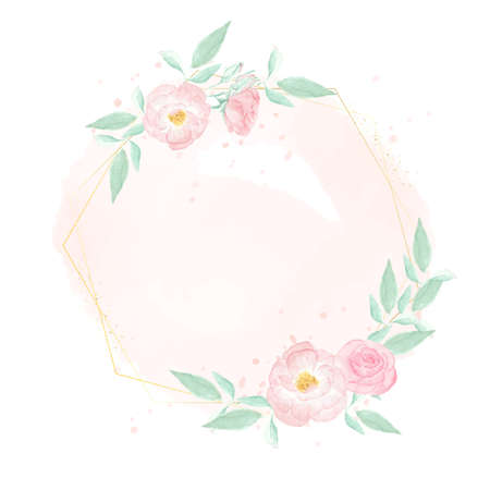 watercolor pink wild rose with golden frame wreath on pink splash backgroundのイラスト素材