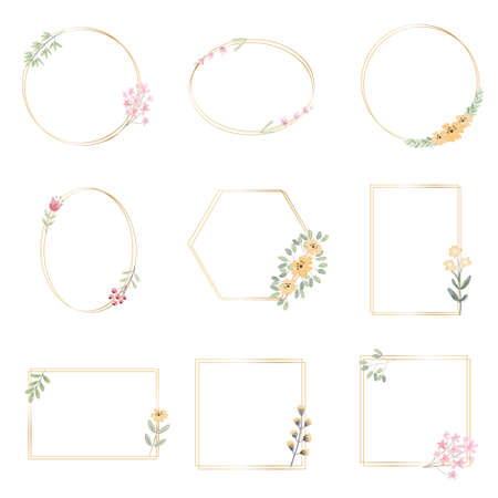 watercolor botanical hand drawing leafs wreath with tiny pink and yellow flowers golden collectionのイラスト素材