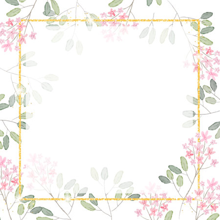 watercolor pink tiny flower branch with golden glitter square frame background for bannerのイラスト素材