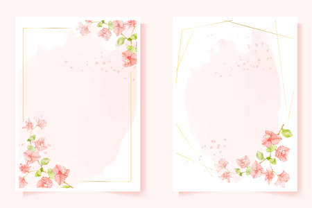 watercolor pink Bougainvillea with golden frame for wedding or birthday invitation card 5x7 template collectionのイラスト素材