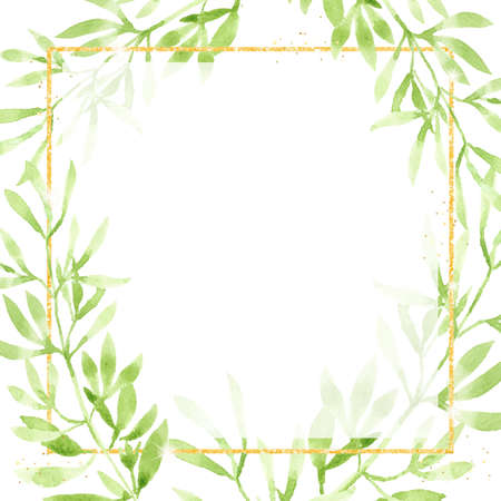 watercolor green leaves with golden glitter square frame background for bannerのイラスト素材