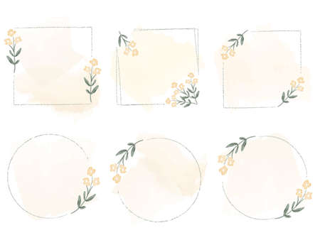 yellow wild flower wreath frame on yellow watercolor splash background collectionのイラスト素材