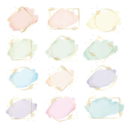 colorful watercolor splash with geometry golden leaf frame collection digital paintingのイラスト素材