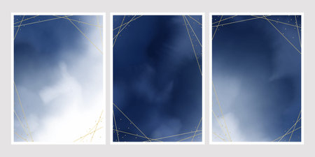 dark blue watercolor wash splash with golden frame 5x7 invitation card background template...