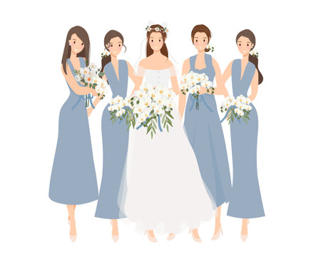 beautiful happy bride and bridesmaid in blue gown wedding ceremonyのイラスト素材