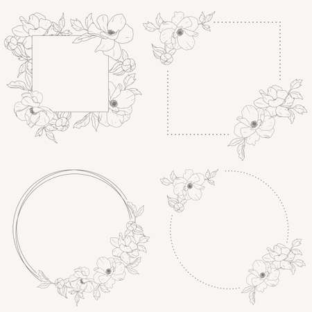doodle line art peony flower bouquet wreath frame elements collectionのイラスト素材