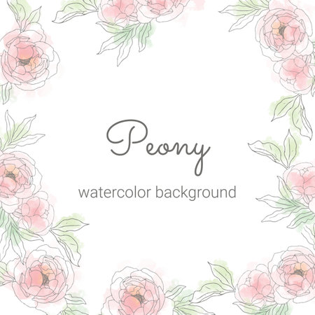 doodle line art peony flower circle wreath frame minimal square banner backgroundのイラスト素材