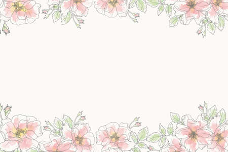watercolor line art pink rose flower bouquet wreath frame minimal banner backgroundのイラスト素材