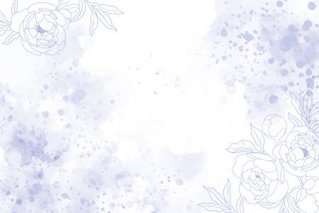 watercolor indigo blue splash background with white doodle line art peony flowerのイラスト素材