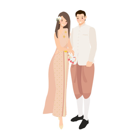 beautiful happy bride groom and bridesmaid in thai traditional dress gown wedding ceremonyのイラスト素材