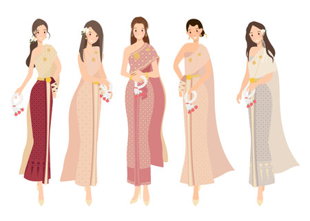beautiful happy woman brides in thai traditional dress flat styleのイラスト素材