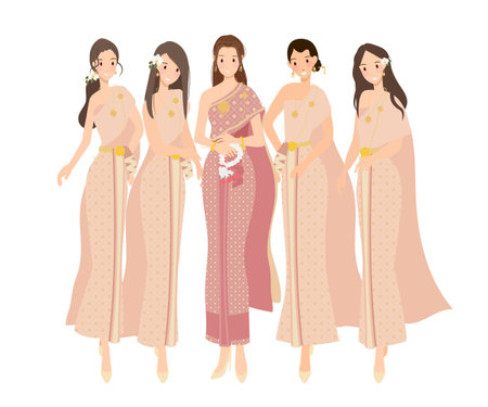 beautiful happy bride groom and bridesmaid in thai traditional dress gown wedding ceremonyのイラスト素材
