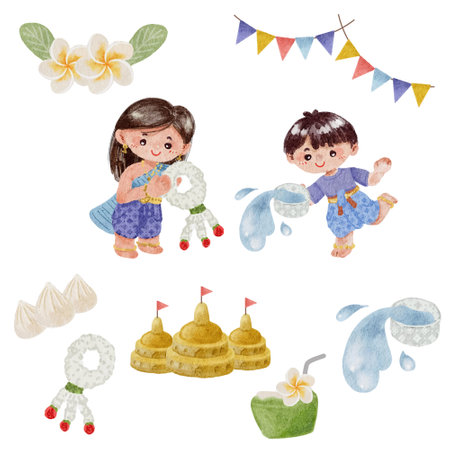 watercolor Songkran Thai water festival element collection vector illustrationの写真素材