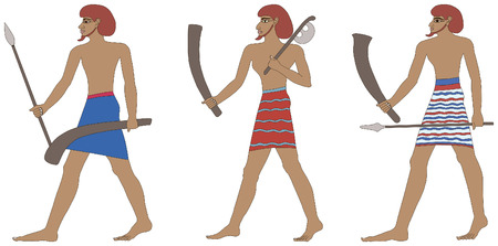 A set of three historic Egyptian soldiers. Warriors of Pharaonic times. Isolated on white background.のイラスト素材