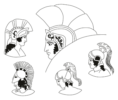 Set of images of ancient Greek warriors heads.のイラスト素材