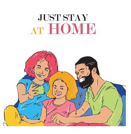 Just stay at home. the family have video call with their parent. Coronavirus pandemic self isolation, health care, protection. Flat colourful vector illustration icon sticker isolated on backgroundの写真素材
