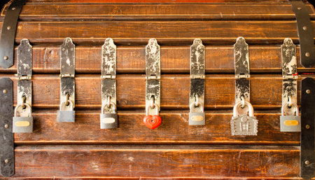 Old trunk and closed seven locks. Close-up.
