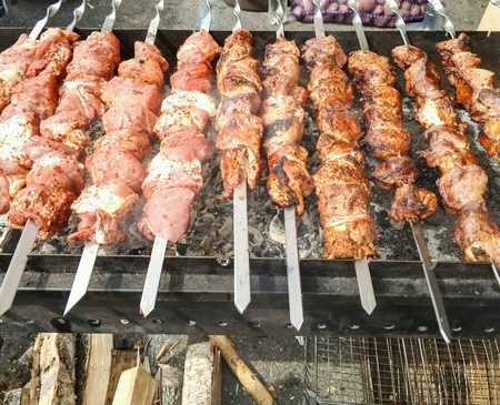 Shish kebab roasting on the grill.の素材