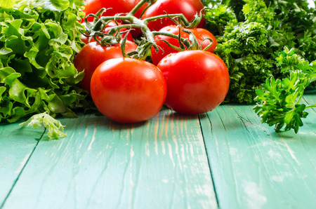 Tomatoes on a branch and parsley salad. On a blue background.の写真素材