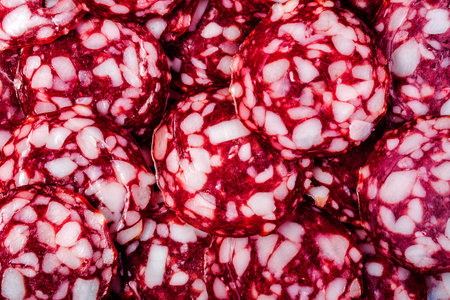 Background of slices sausage with of bacon inside. Close-up.の写真素材