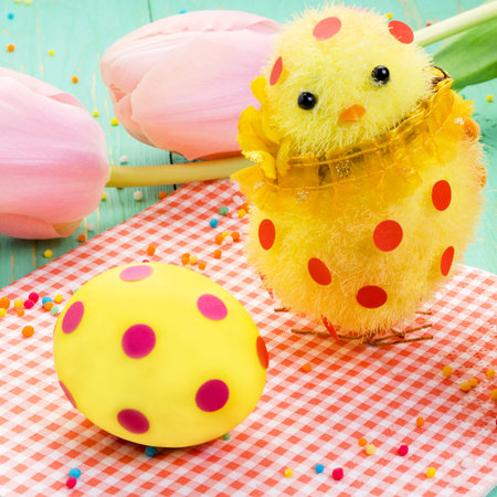 Cute yellow easter chick, easter egg in polka dots on red napkin. Nearby there are tulips. Square....