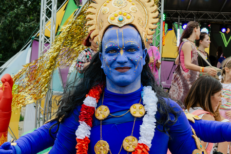 Kiev, Ukraine, July 2018: - Man in the costume of a Buddha at a street holi festival. Outdoors.のeditorial素材
