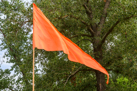 Orange flag flutters in the wind against the background of the trees. Outdoors.の写真素材