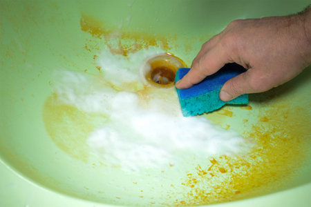 Human hand washes and cleans a dirty sink in rust with foam and sponge. Homework concept. Close-up....